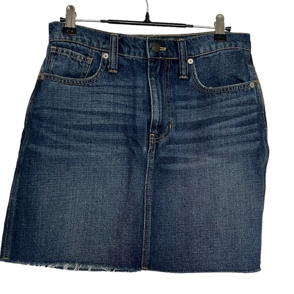 Madewell Rigid Denim Straight Mini Skirt Raw Hem Blue Distressed Stretch Size 26 - Picture 2 of 9